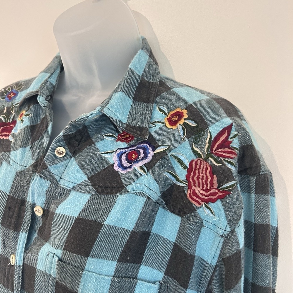 Vtg Carol Horn Embroidered Floral Flannel Sz L  Country Cowgirl Boho Grunge